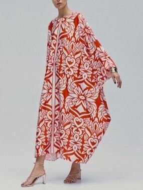 H&M Red White Paisley Floral Print Silky Kaftan Dress